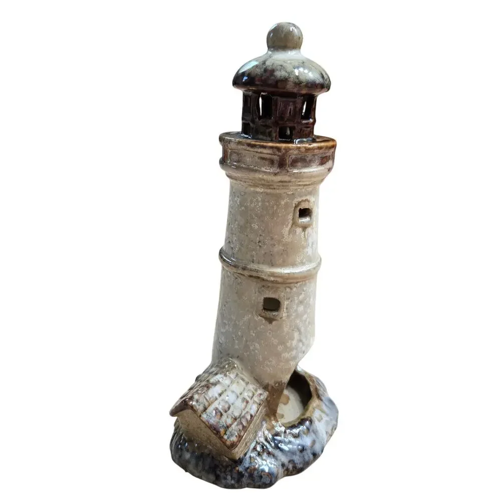 Vintage Rustic Stoneware Art Pottery Lighthouse Candle Holder 7.5